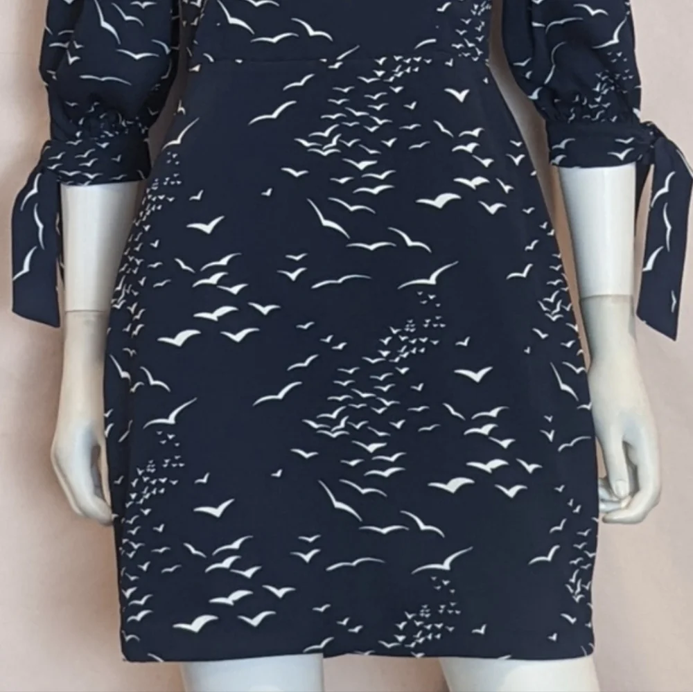 BCBGeneration Navy and White Birds Print Half Tie Sleeve V Back Mini Dress 4
